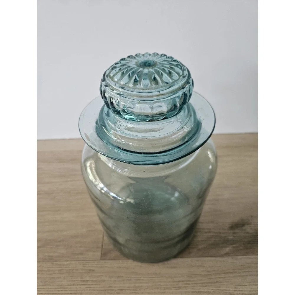 Vtg Takahashi Japan Hand Blown Glass Apothecary Jar MCM Blue Green Canister 9